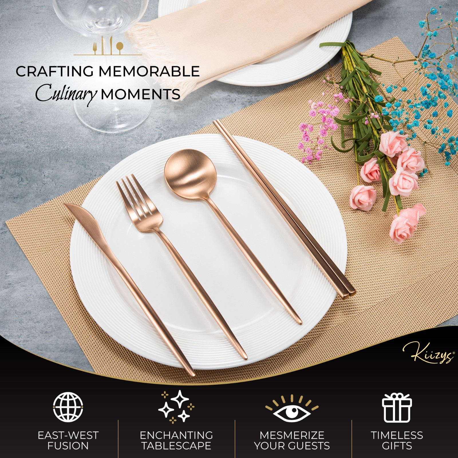 14-pc Matte Copper (2 set) Chopstick Cutlery Silverware Utensil Flatware KiiZYs
