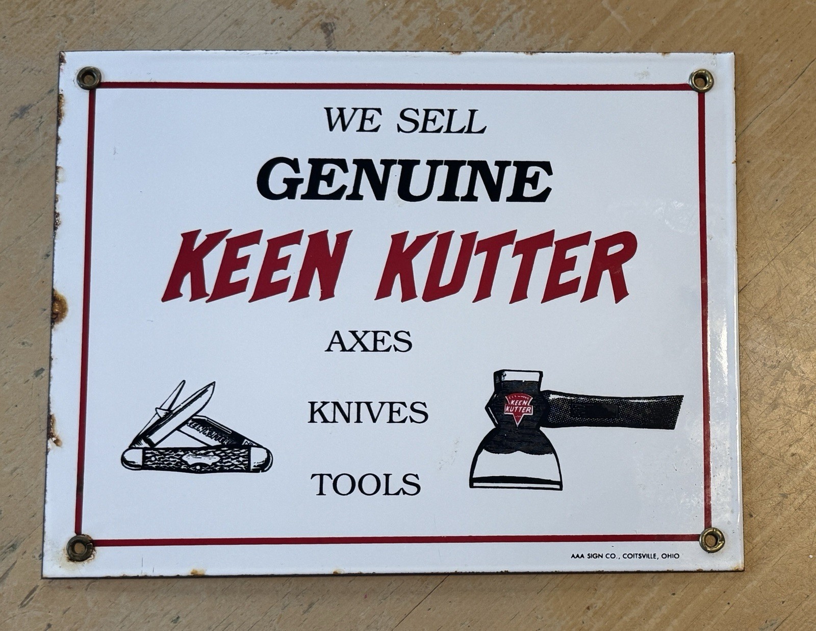 Vintage ‘We Sell Genuine Keen Kutter’ Porcelain Metal Sign – USA – 8 1/2″ x 11″