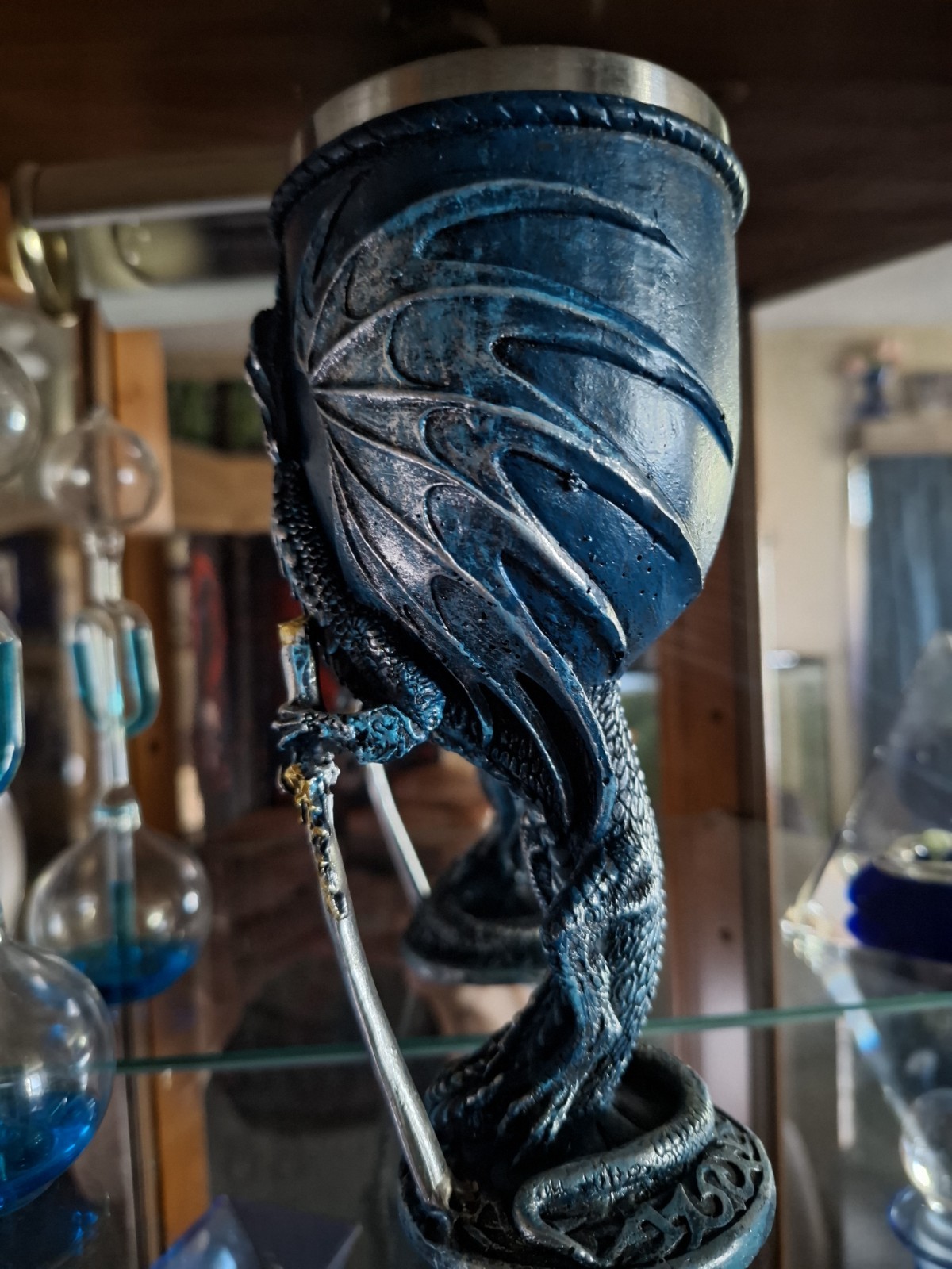 Fantasy Dragon Design Goblet Chalice Cup w/ Stainless Steel Liner Blue/Black