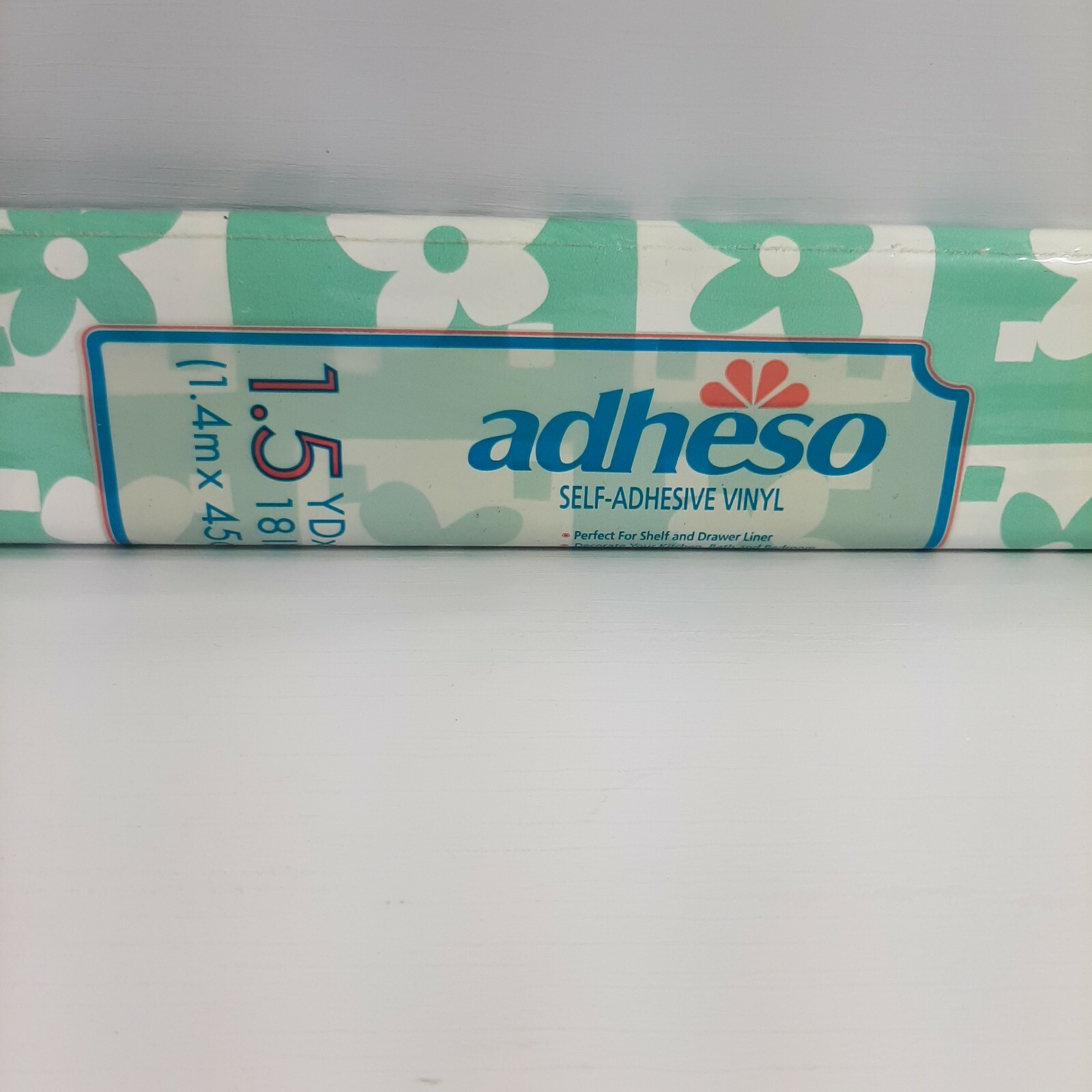 NOS Adheso Shelf Liner Teal White Flower Check Kitschy Vinyl Self Stick 1.5 yds