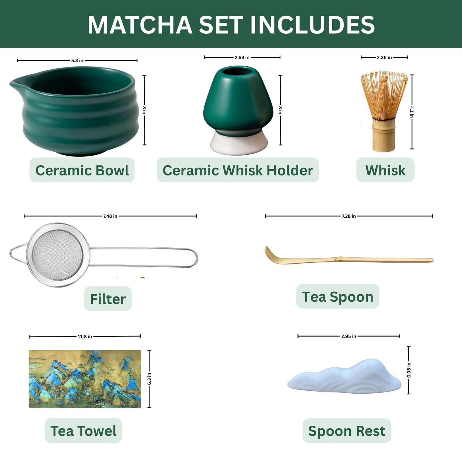 7PCS Ceramic Matcha Set – Traditional Japanese 9.85*7.87*4.52, Dark Green