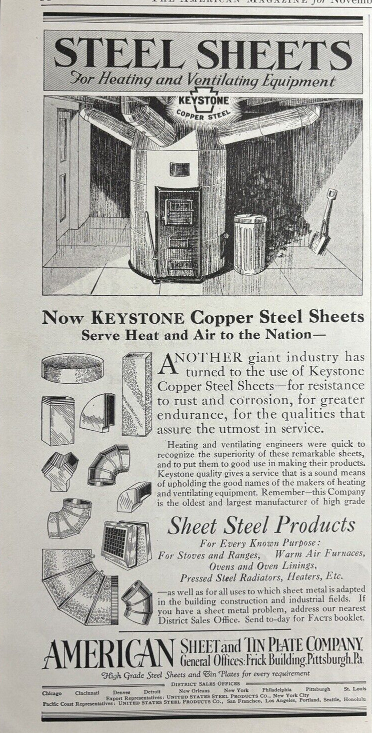 1927 American Sheet & Tin Plate Co Frick Bldg Pittsburgh Steel Heat VTG Print Ad