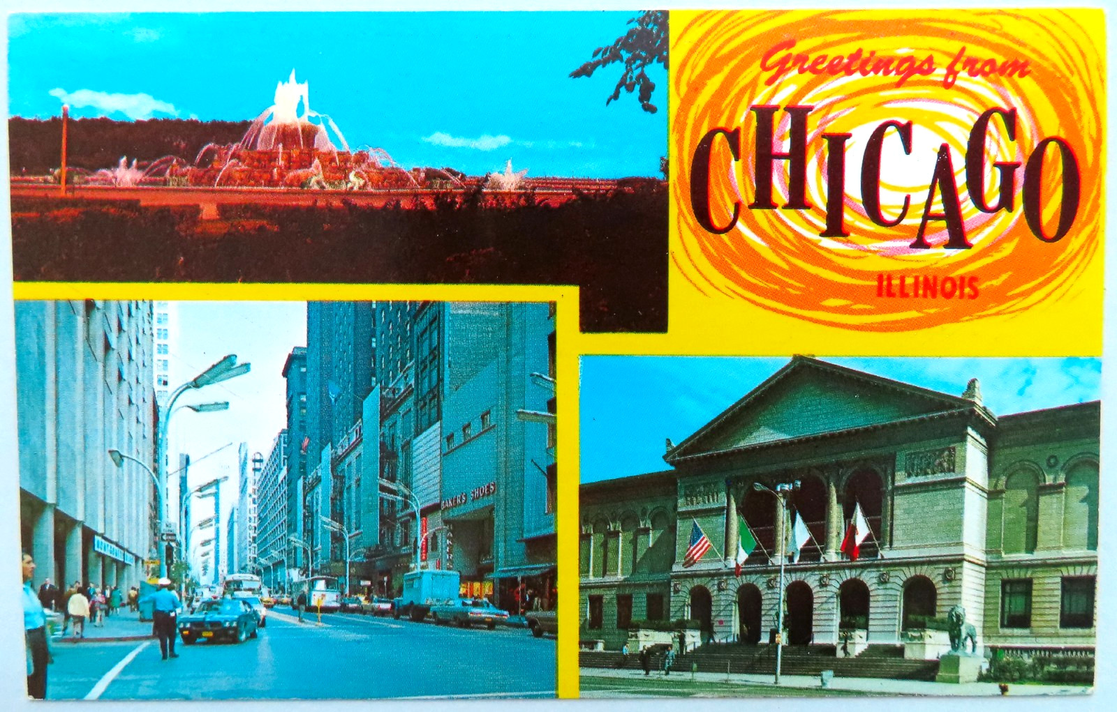 Greetings Chicago Illinois Postcard Vintage Chrome Travel Street Fountain City