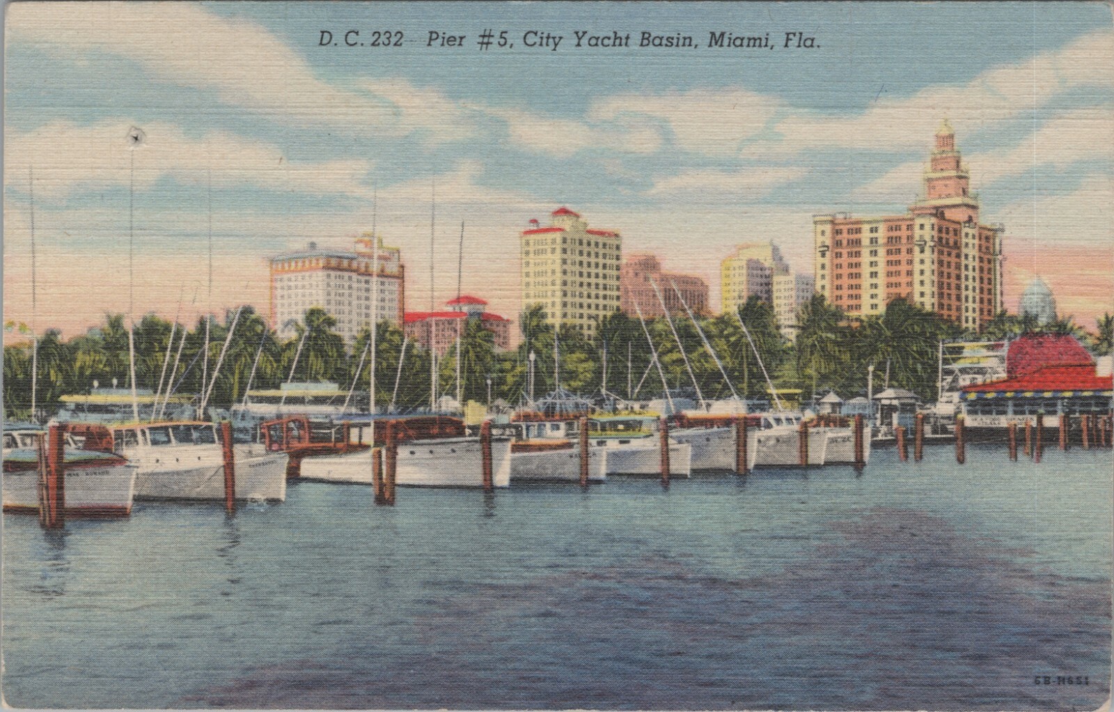 City Yacht Basin Pier #5 Miami Florida boats linen 1946 postcard E935