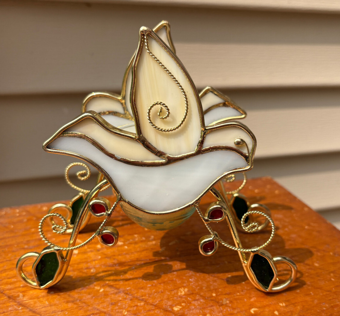 Stained Glass Christmas Dove Bird Holly Candle Holder Metal Gold Wire Scrolled