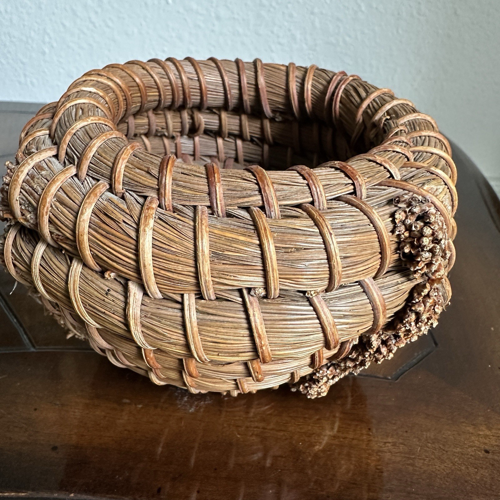 Vintage Handcrafted Coiled Brown Pine Needle Basket 4.25 Inch Knobby Textured