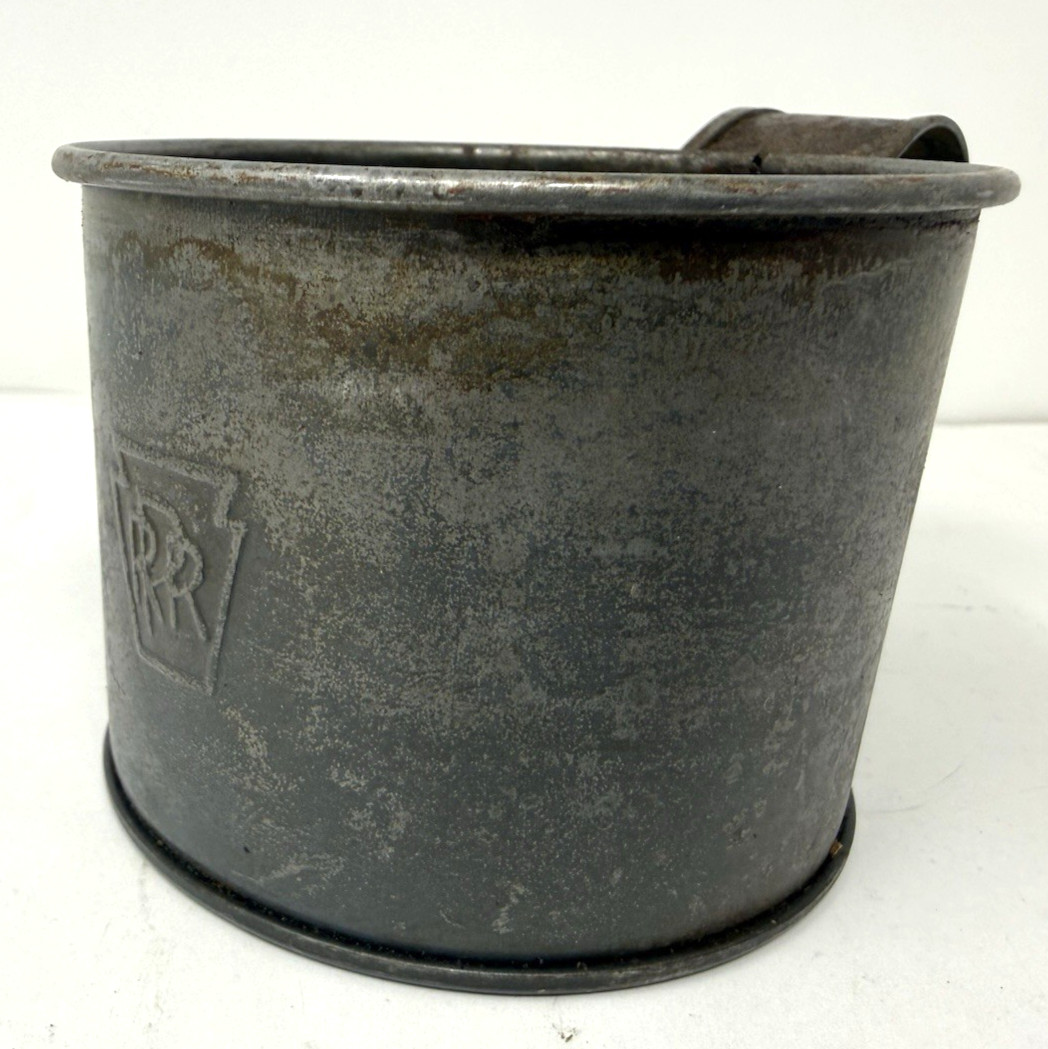 PRR marked tin drinking cup Pennsylvania Railroad uncleaned as found