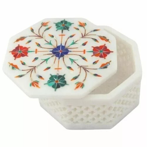 5”x5” Marble Inlay Jewelry Box Floral Work Lapis Lazuli Stone Handmade work