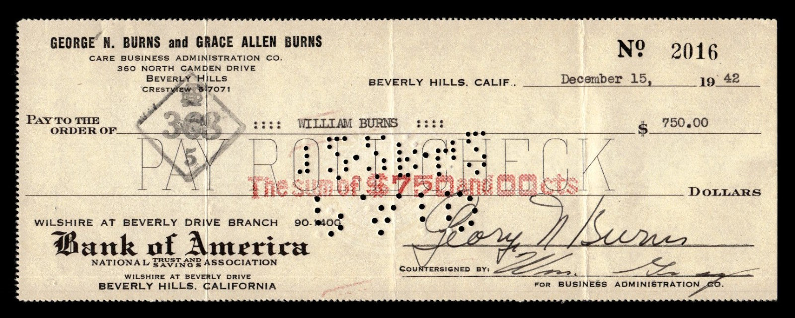 GEORGE BURNS SIGNED CHECK FROM DECEMBER 15, 1942 WITH JSA LETTER OF AUTHENTICITY