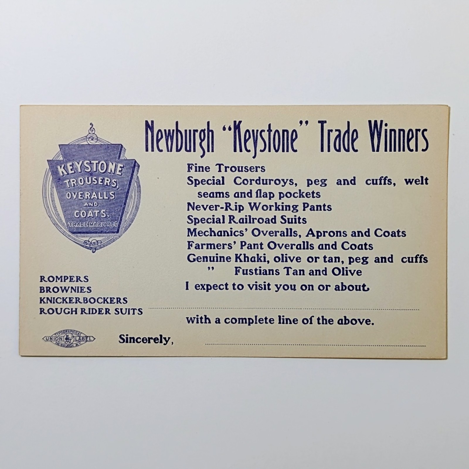Vintage 1902 Newburgh Keystone Overalls Workwear Clothing Ad McKinley Postcard