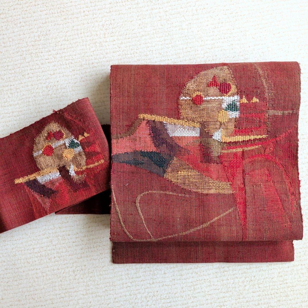 Nagoya Obi 8″ Pure Silk Watabun Pongee Modern Pattern Casual Red Brown