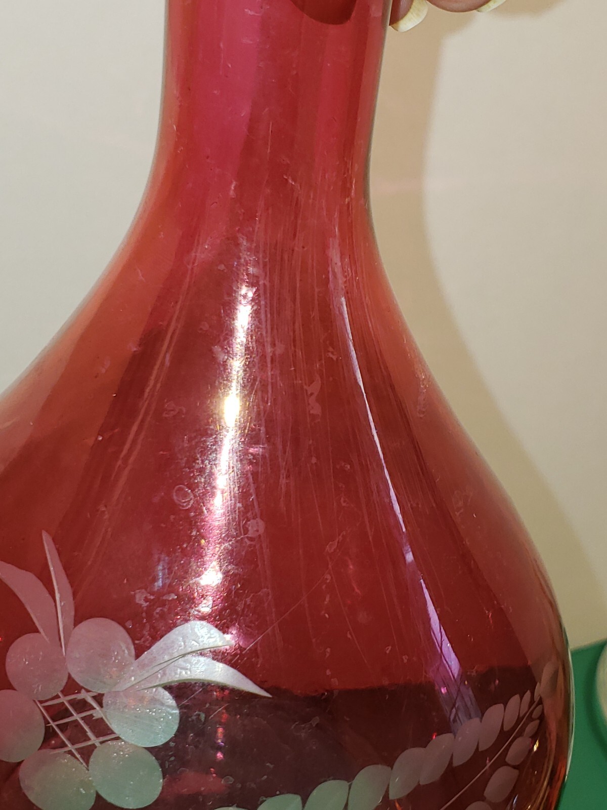 Vtg Ruby Flash Etched Decanter With Stopper 12″