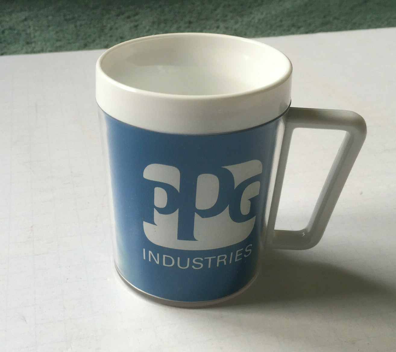 Vintage PPG industries blue white plastic mug cup Pittsburgh paint glass company