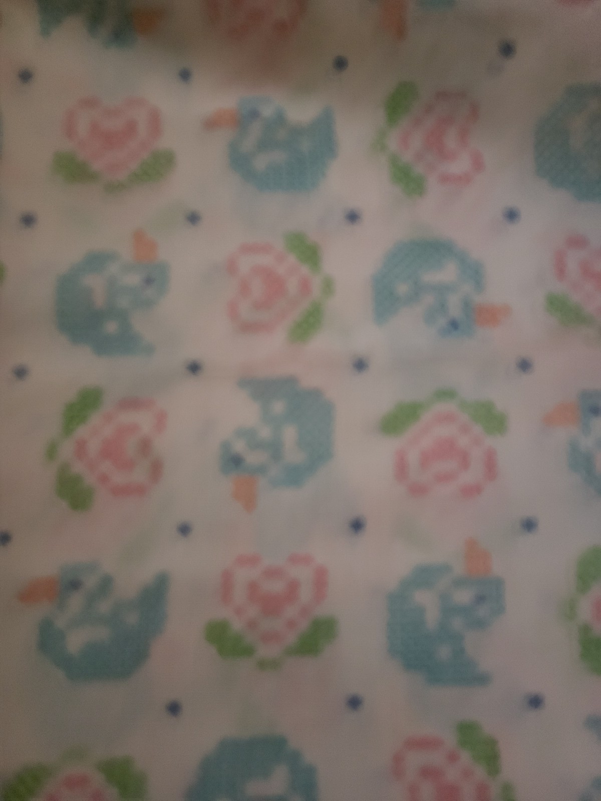 Vintage faux cross stitch print baby ducks & flowers fabric material nursery