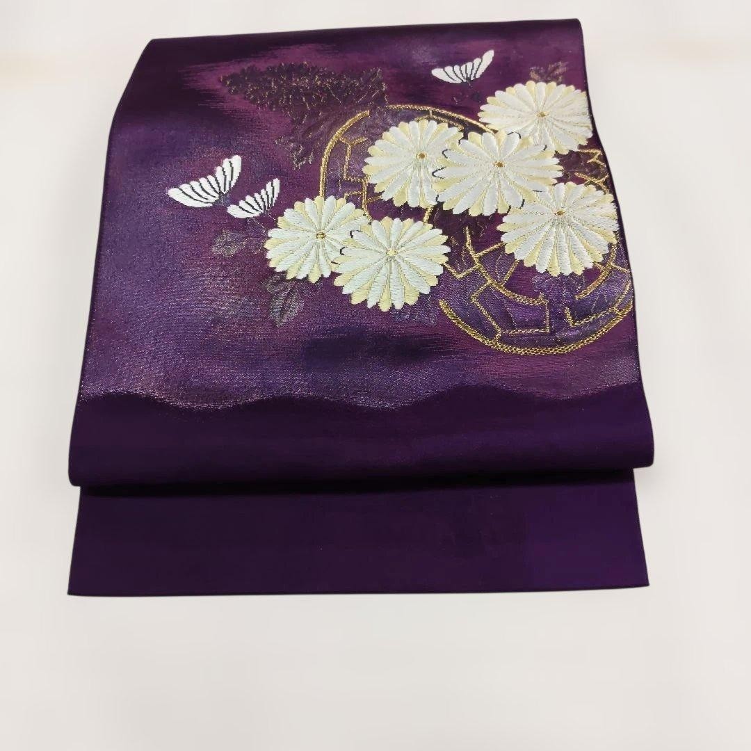 Nagoya Obi Purple Synthetic Silk Like Chrysanthemum Kuruma Embroidery 362cm