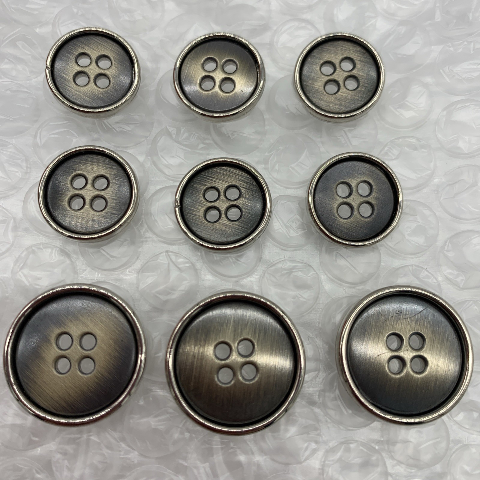 Silver Tone Metal Blazer Button Lot 9 Brushed Satin Center Glossy Rim 4 Hole VTG
