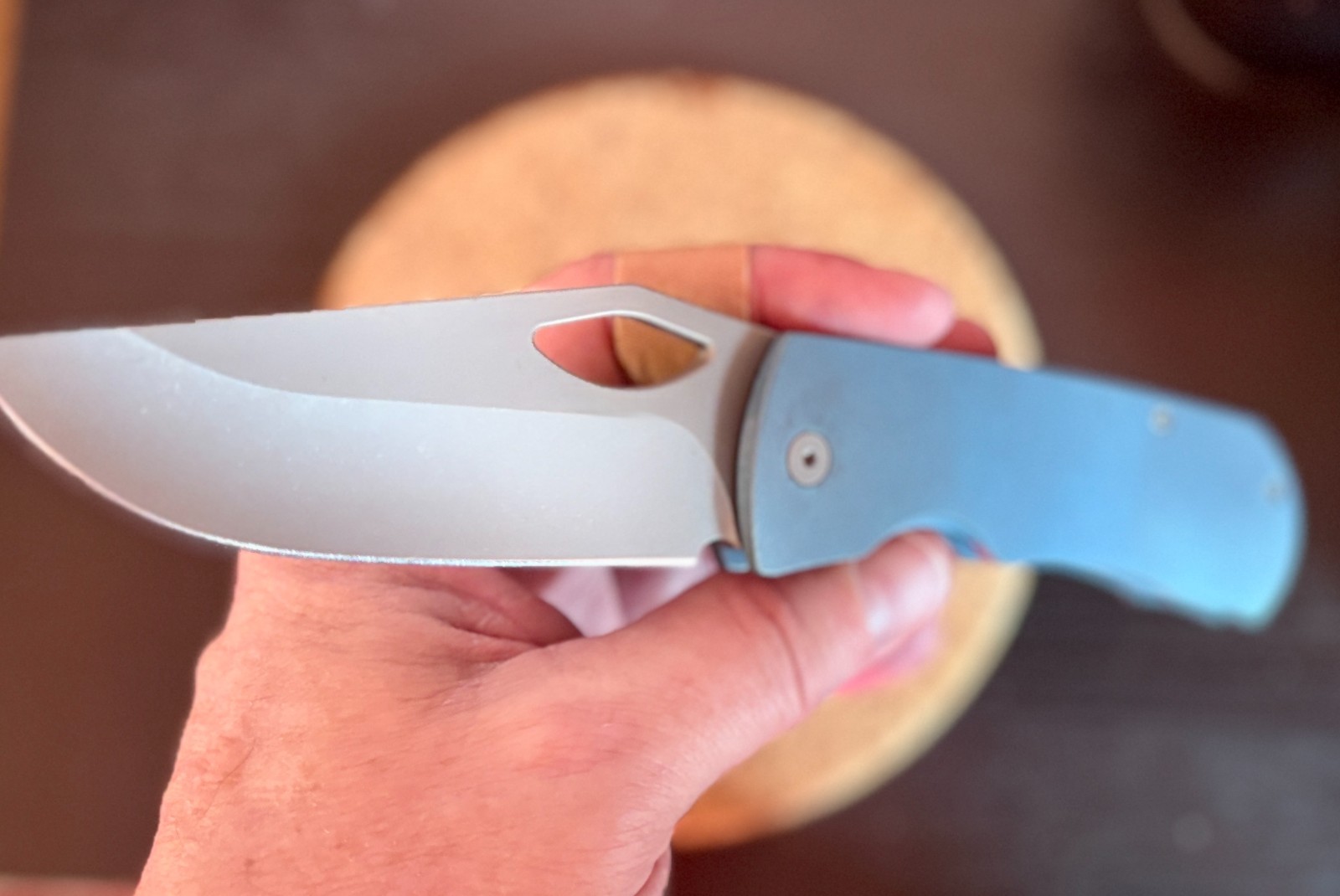 Custom anodized titanium EDC knife – Aqua blue/Darkwash 3.74″