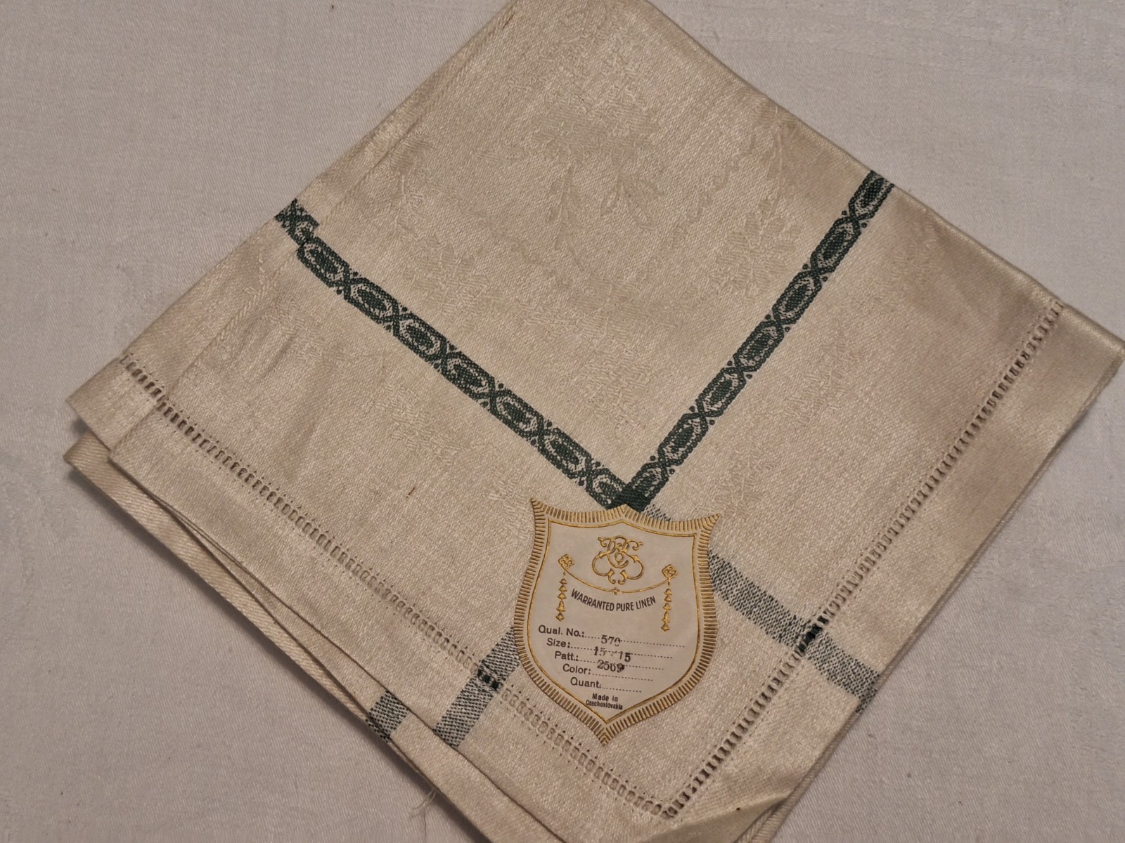 Vintage Set of 5 Ivory Floral Damask w/Green Stripe Made in Czechoslovakia NOS
