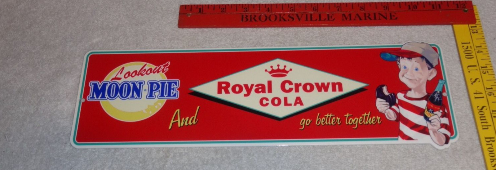 VINTAGE ROYAL CROWN COLA +MOON PIE 15″ DIE-CUT METAL COCA SODA GASOLINE OIL SIGN