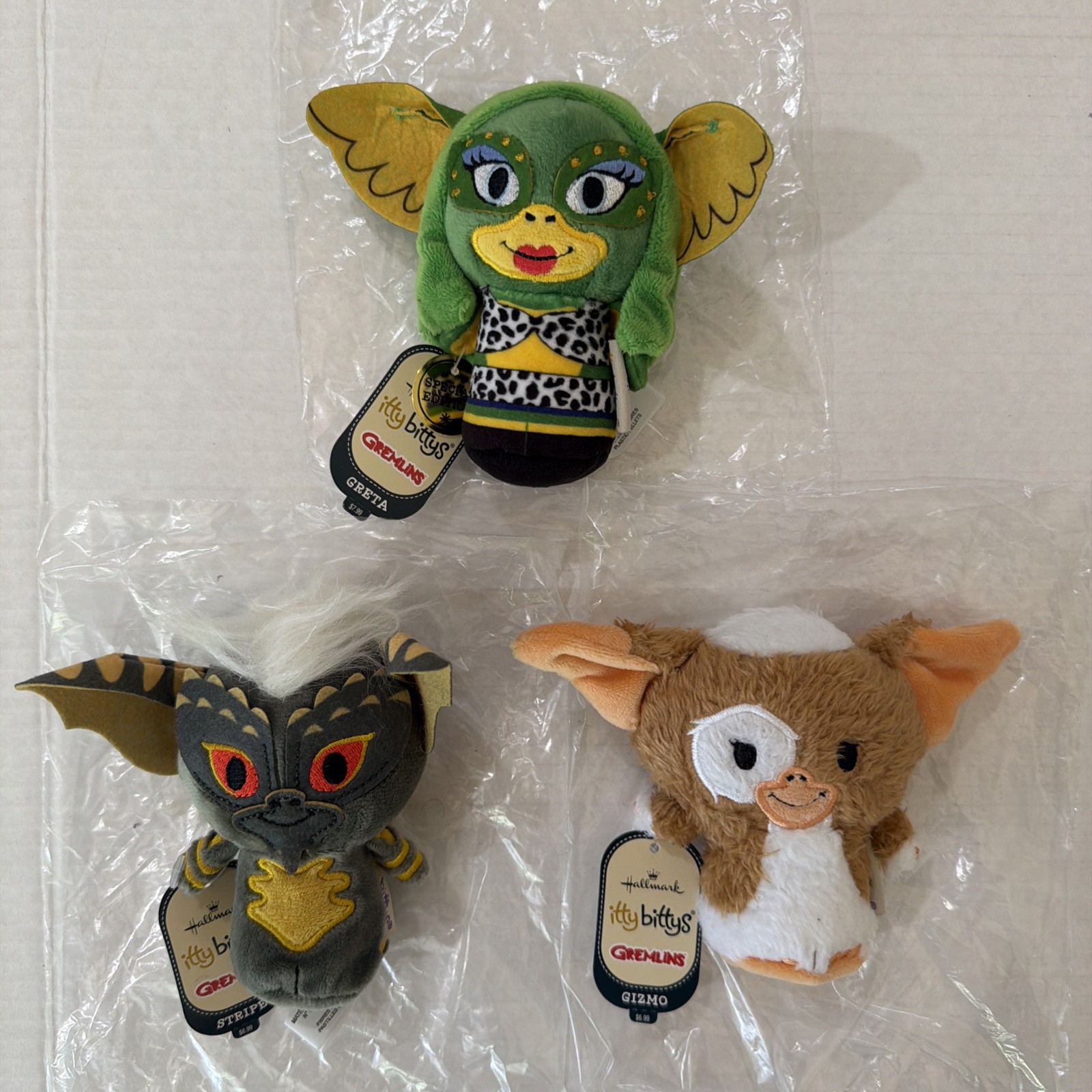 3 Hallmark Itty Bittys Gremlins STRIPE GRETA GIZMO Plush 4.5″ Brand New with Tag