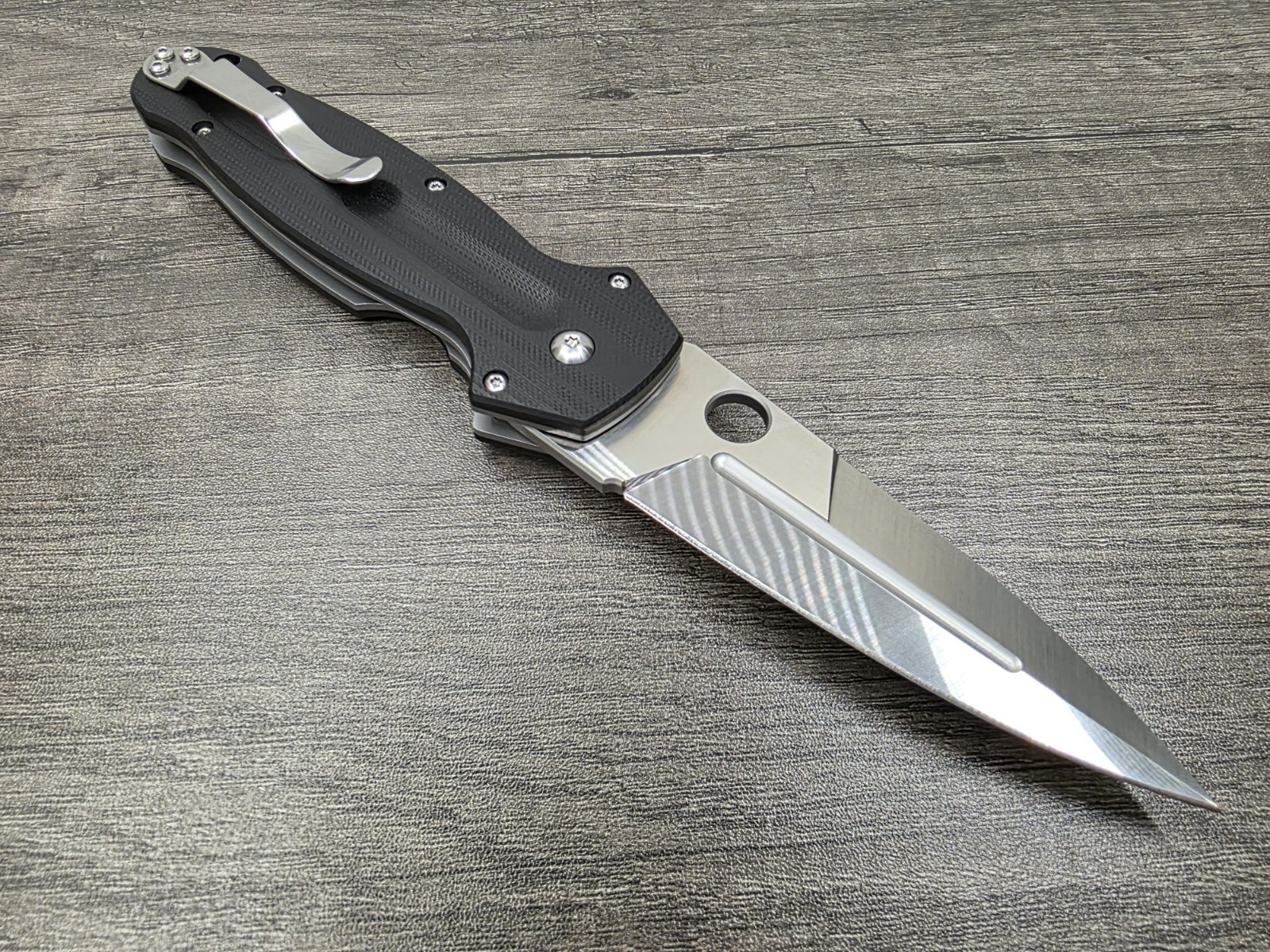 Unmarked 9″ Spearpoint Folding Knife 8CR13MOV Steel & Black G10 Fiber Handle