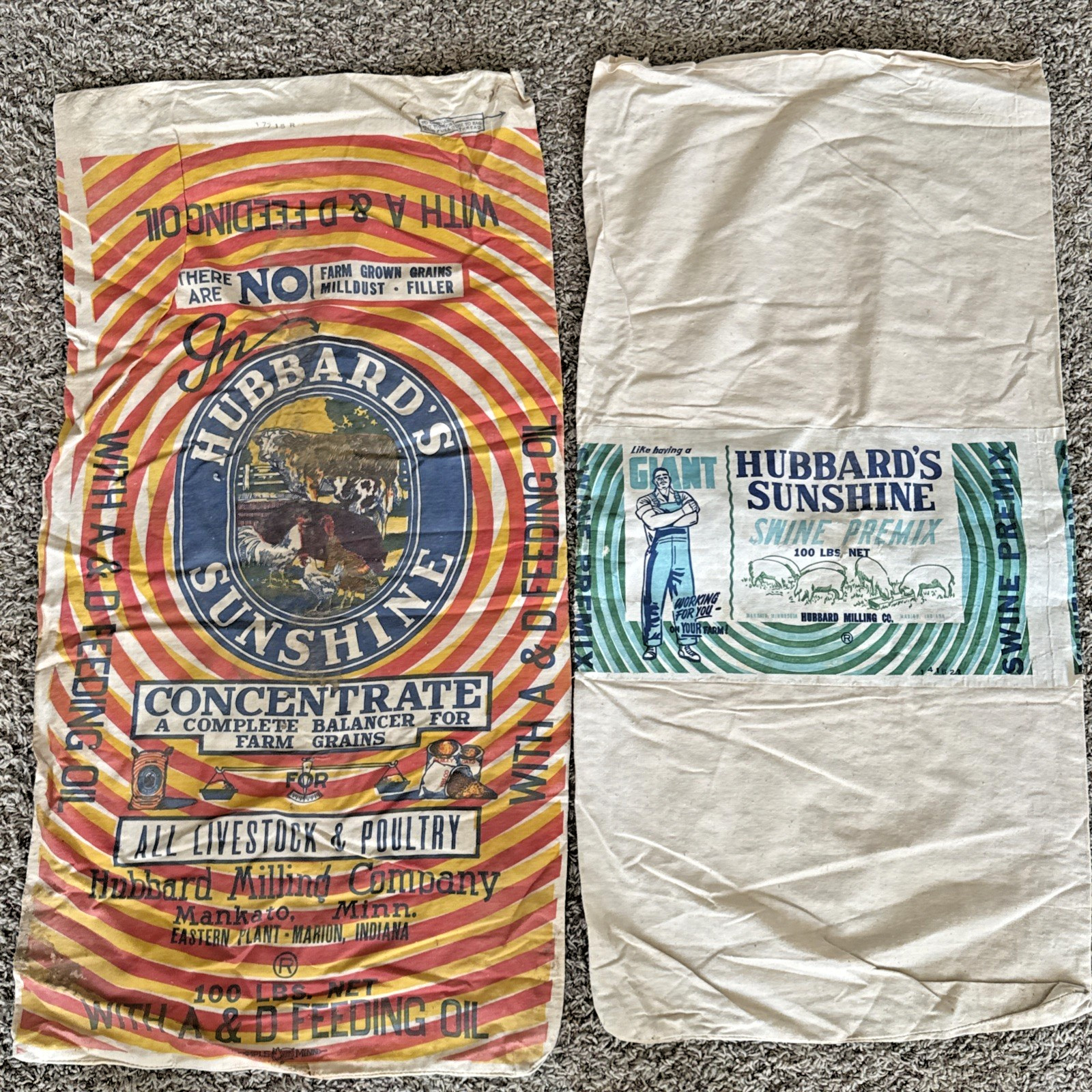 2 Vintage Feed Sack Hubbards Sunshine Farm Grain 100lbs Animal Feed