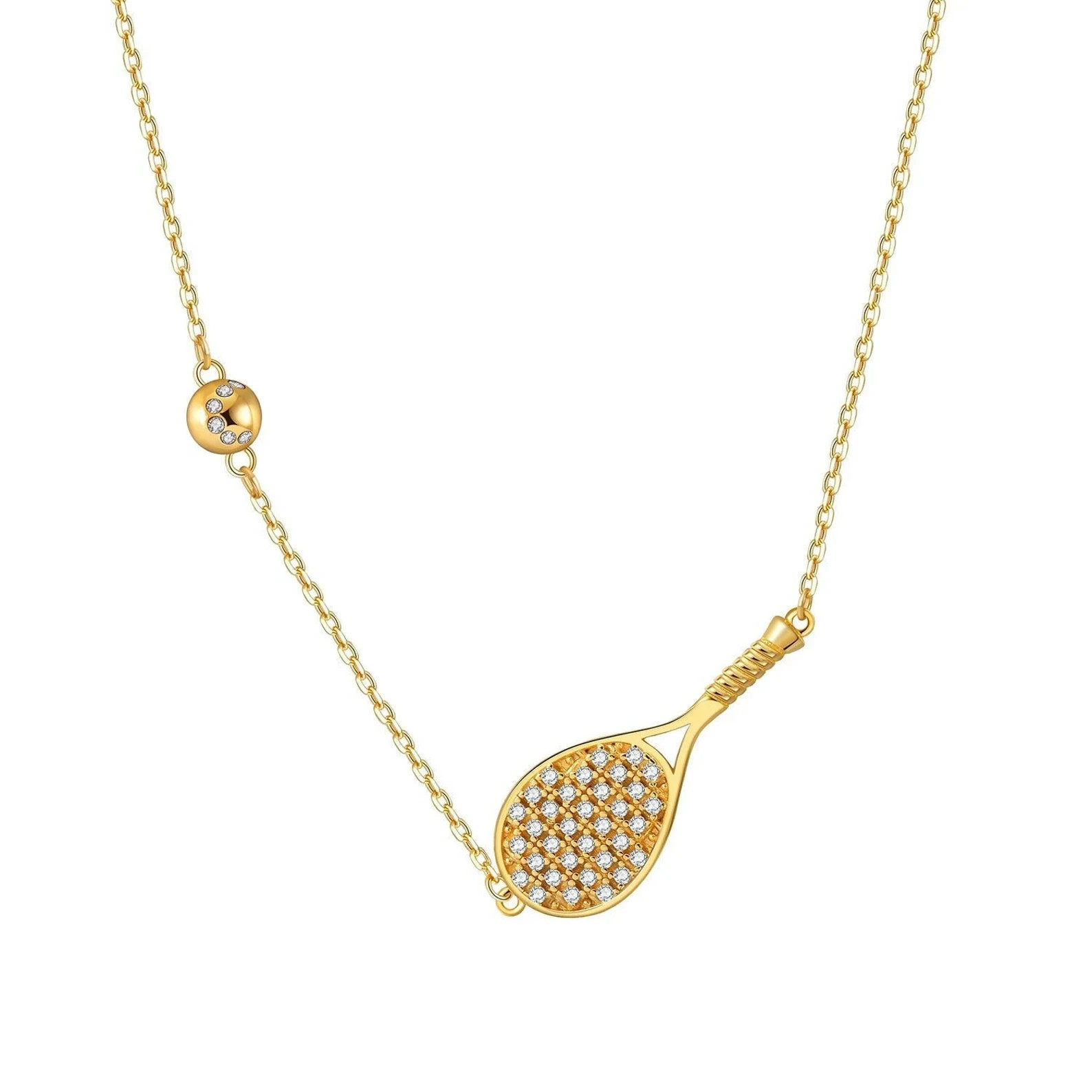 Diamond Tennis Racquet and Ball Pendant Necklace 18K Yellow Gold Over 18″ Chain