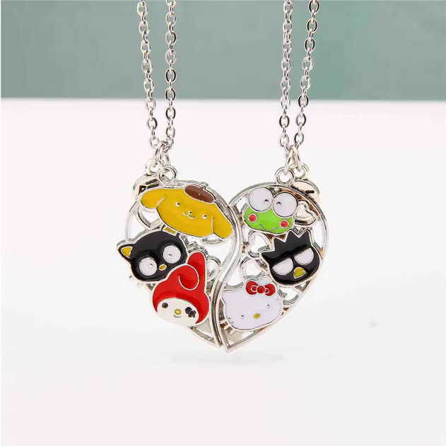 BFF Friendship Heart Necklace Set Silver Colored Hello Kitty and Friends New