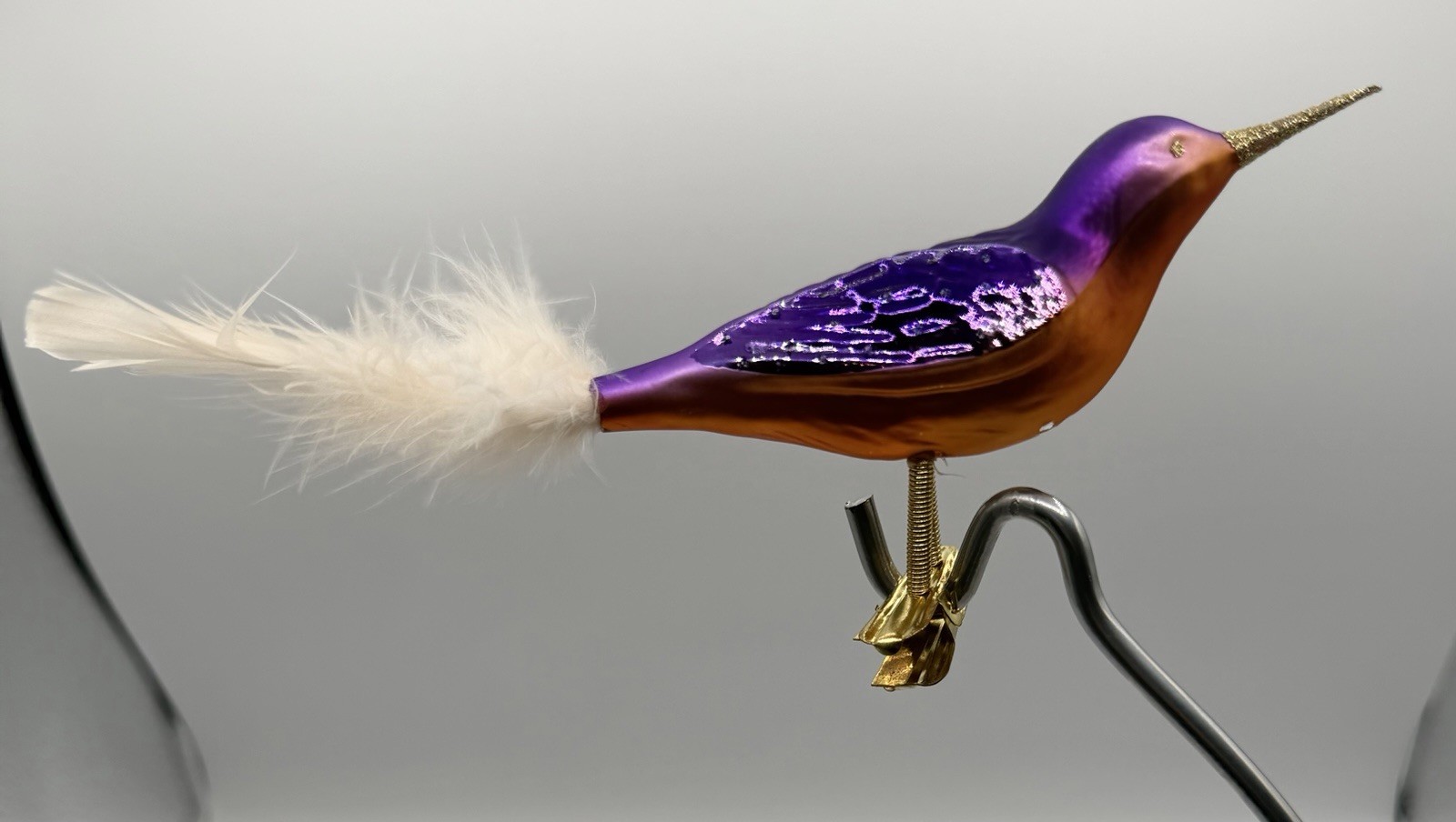 Vtg Glass Hummingbird Clip On Christmas Ornament Purple Copper Feather Tail