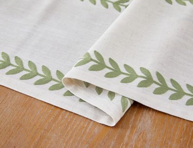 Embroidered Table Runner Irregular Willow 14×48 Inch Light Sage Green/Cream