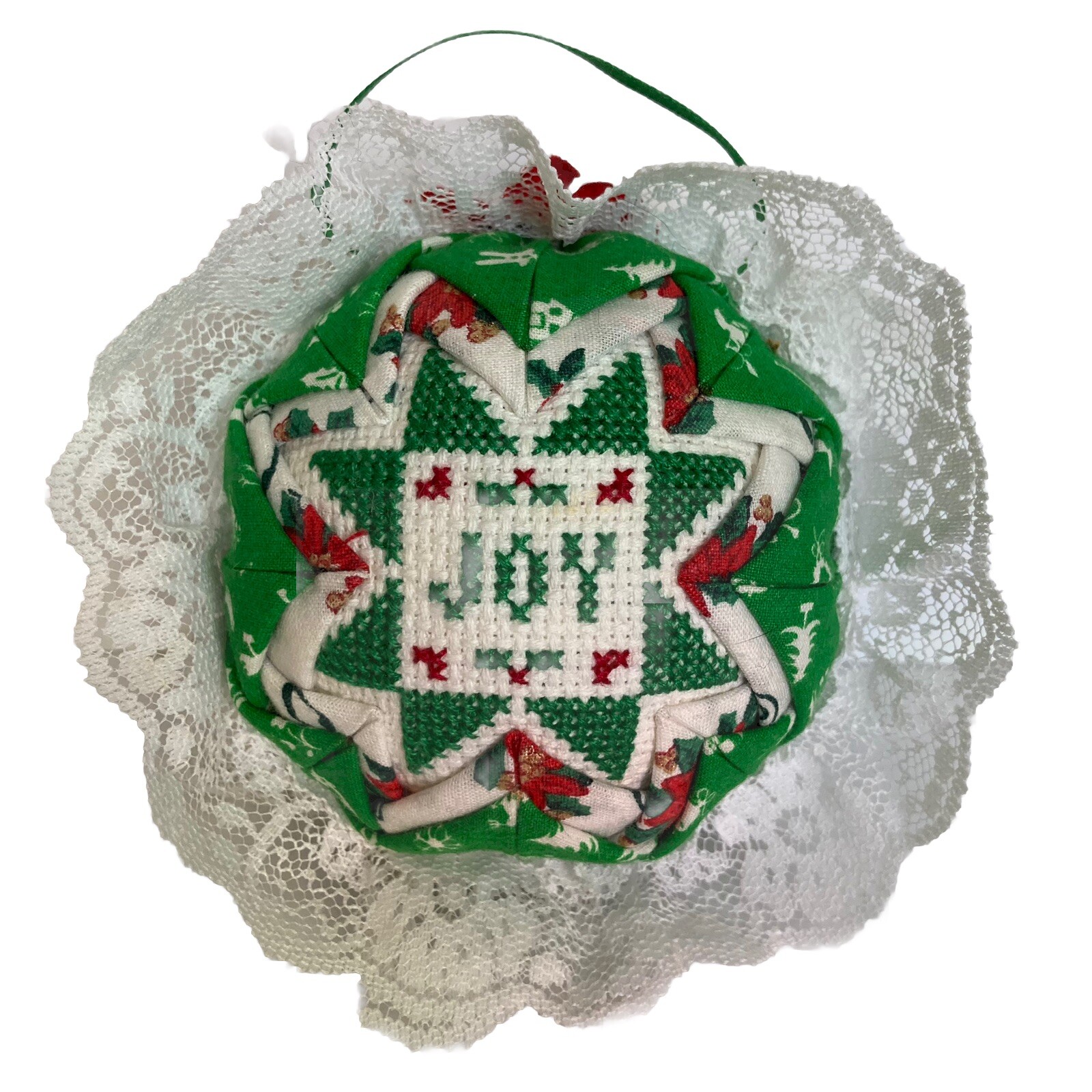 Vtg Hand Crafted Quilted Folded Star 4” Ball Christmas Tree Ornament Joy Lace