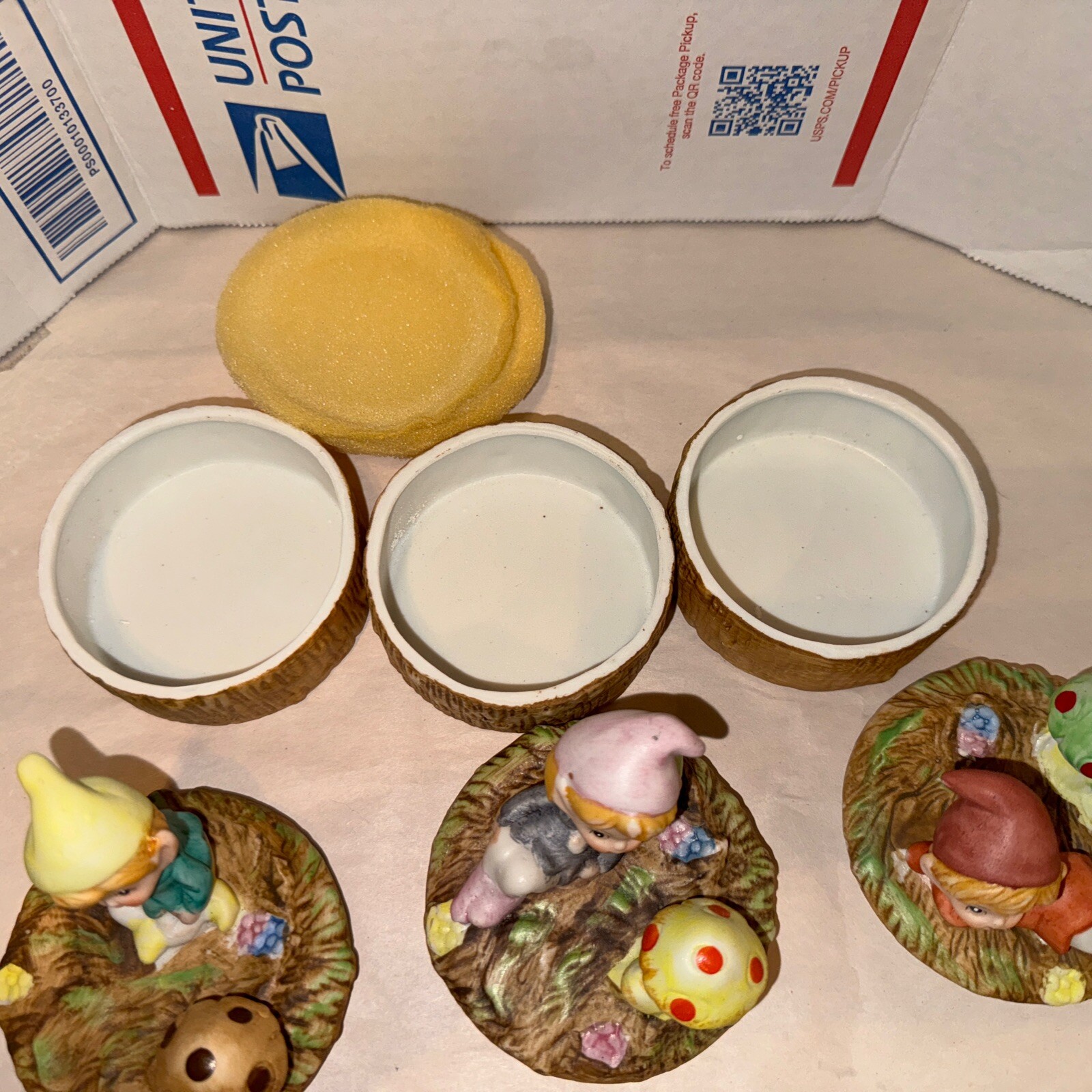 Vintage Homco 5404 Pixie Gnome Elf Mushroom Ceramic Trinket Box Set Of 3