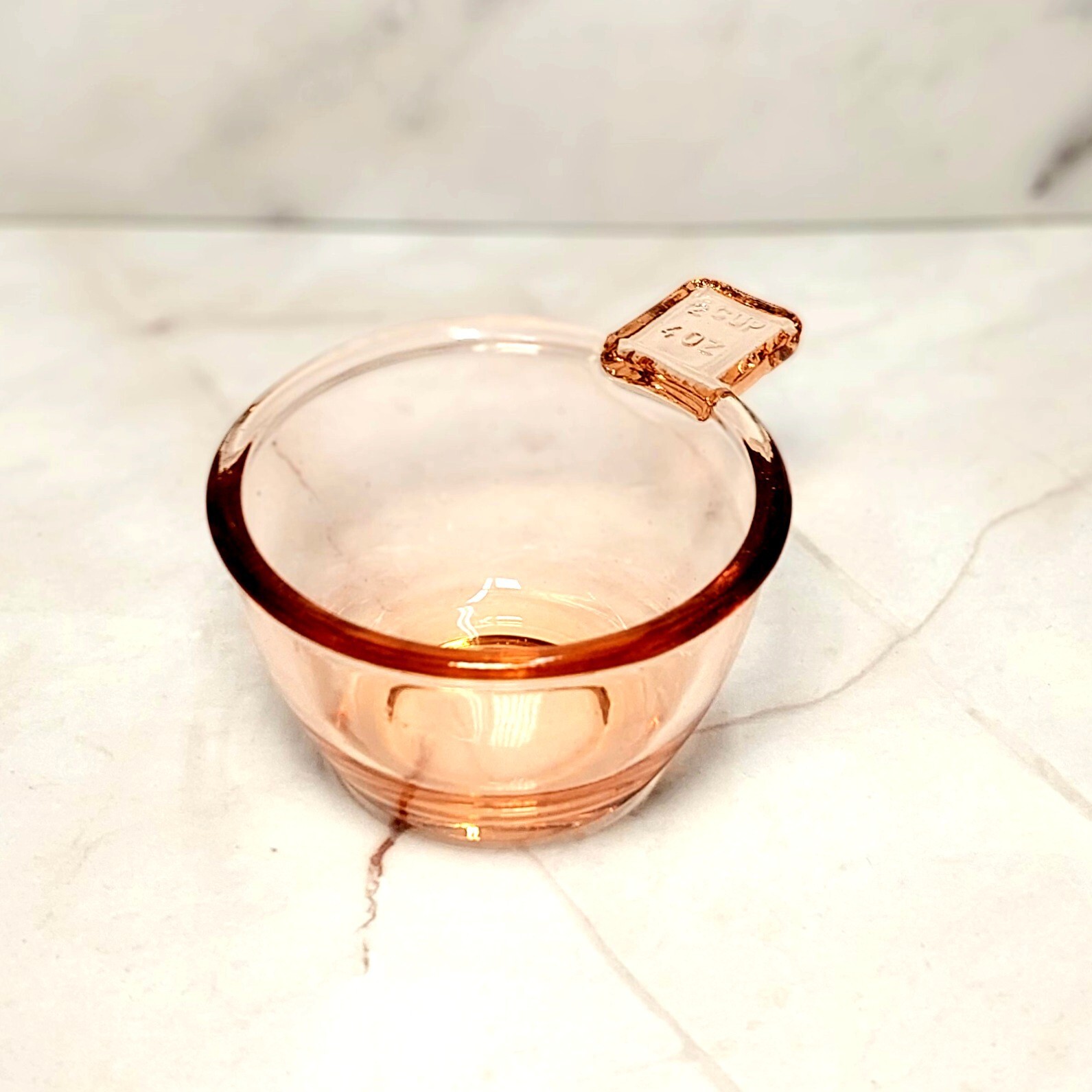 4 PC Nesting Measuring Cups, Pink Amber Depression Style Glass, Vintage Kitchen