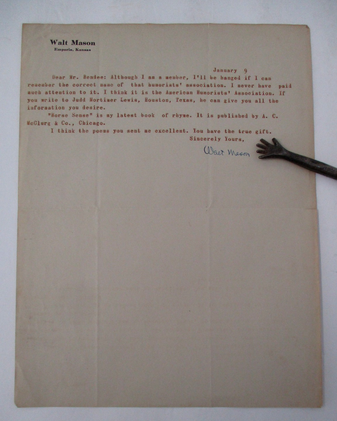 TLS from author WALT MASON on letterhead regarding humorist association Inquiry