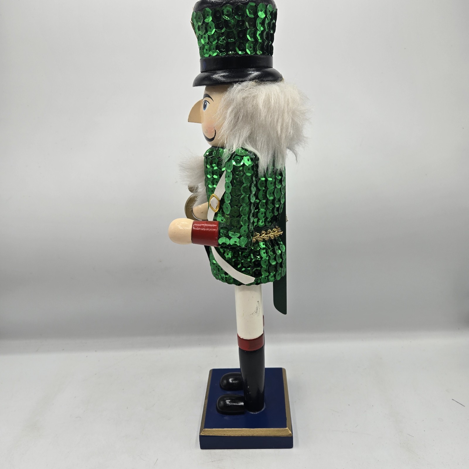 14” Nutcracker Soldier Green Sequin Jacket With Sword Wooden Christmas Decor