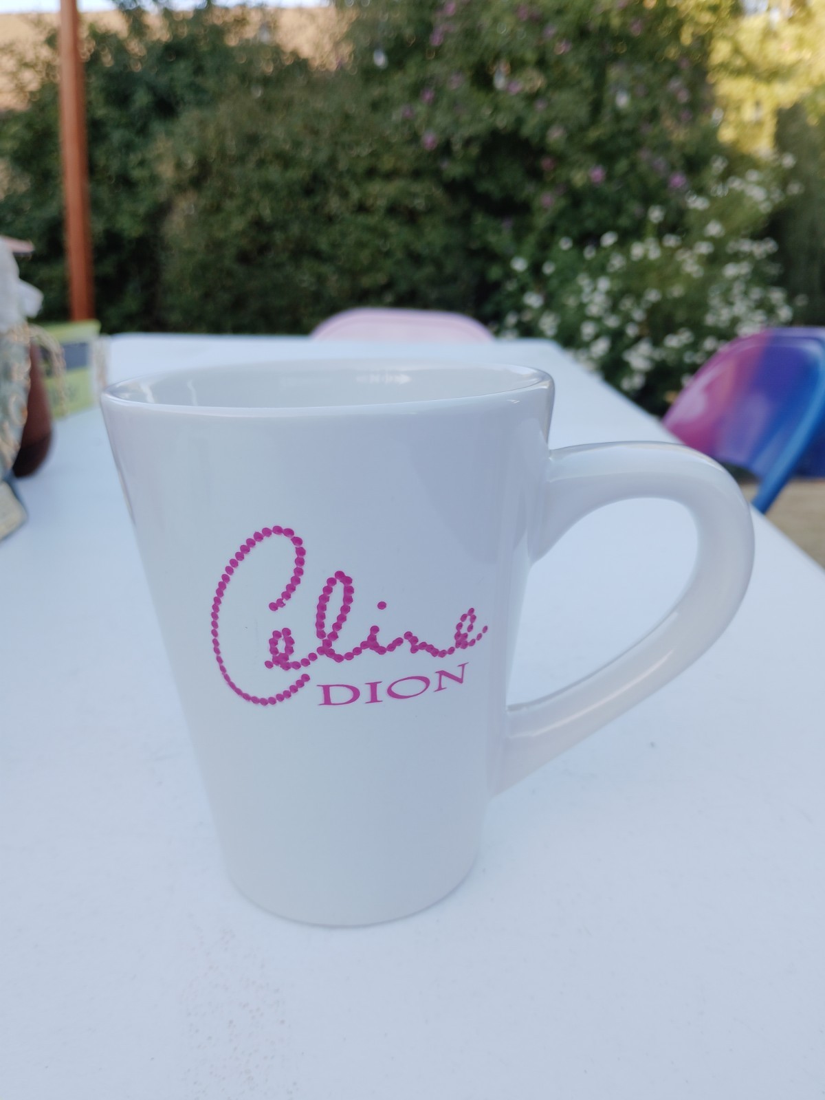 Celine Dion Coffee Mug Cup Ceramic 4.5 Inches Tall White Pink Logo