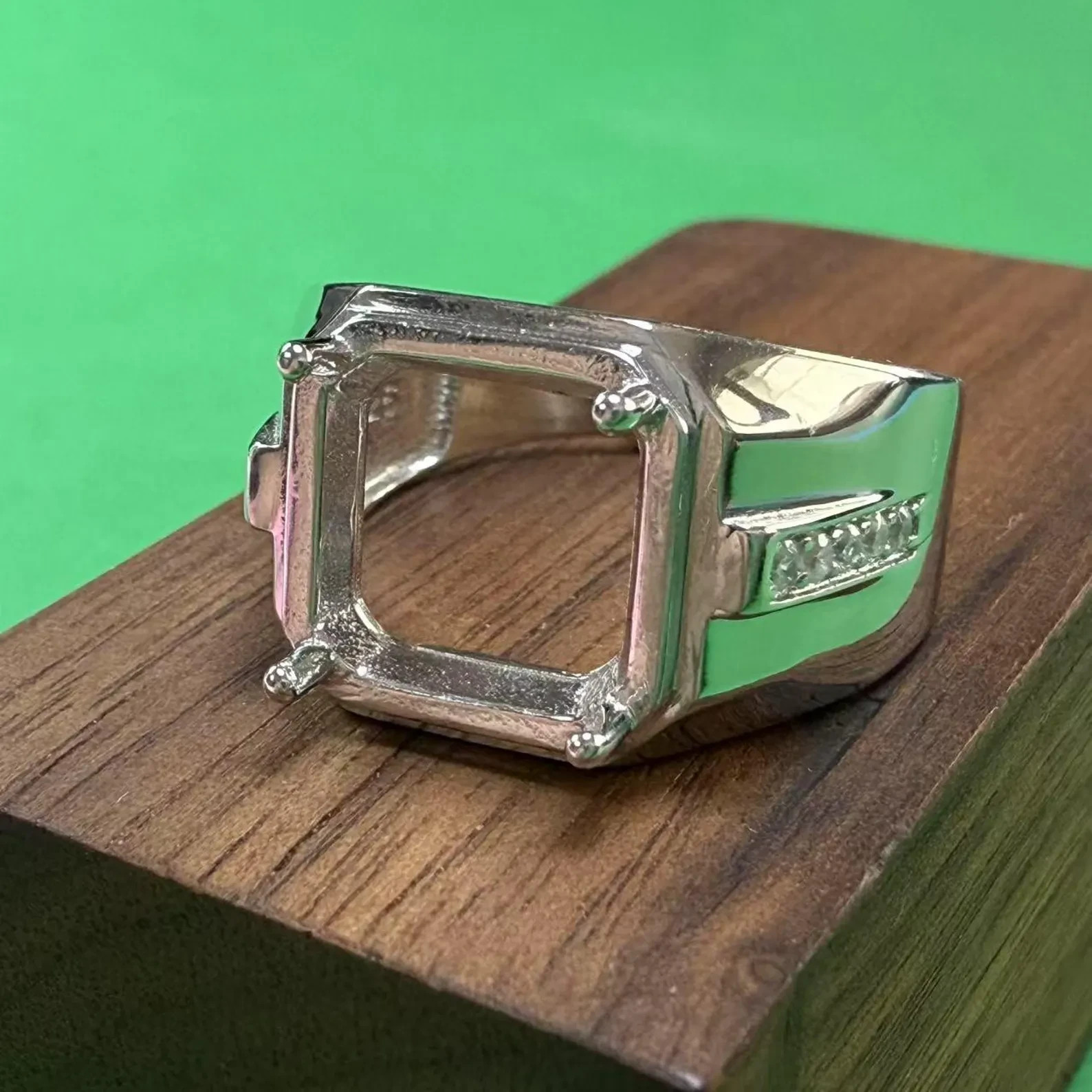 Mens 14K White Gold Over 10x10mm Square Prong Setting Adjustable Semi Mount Ring