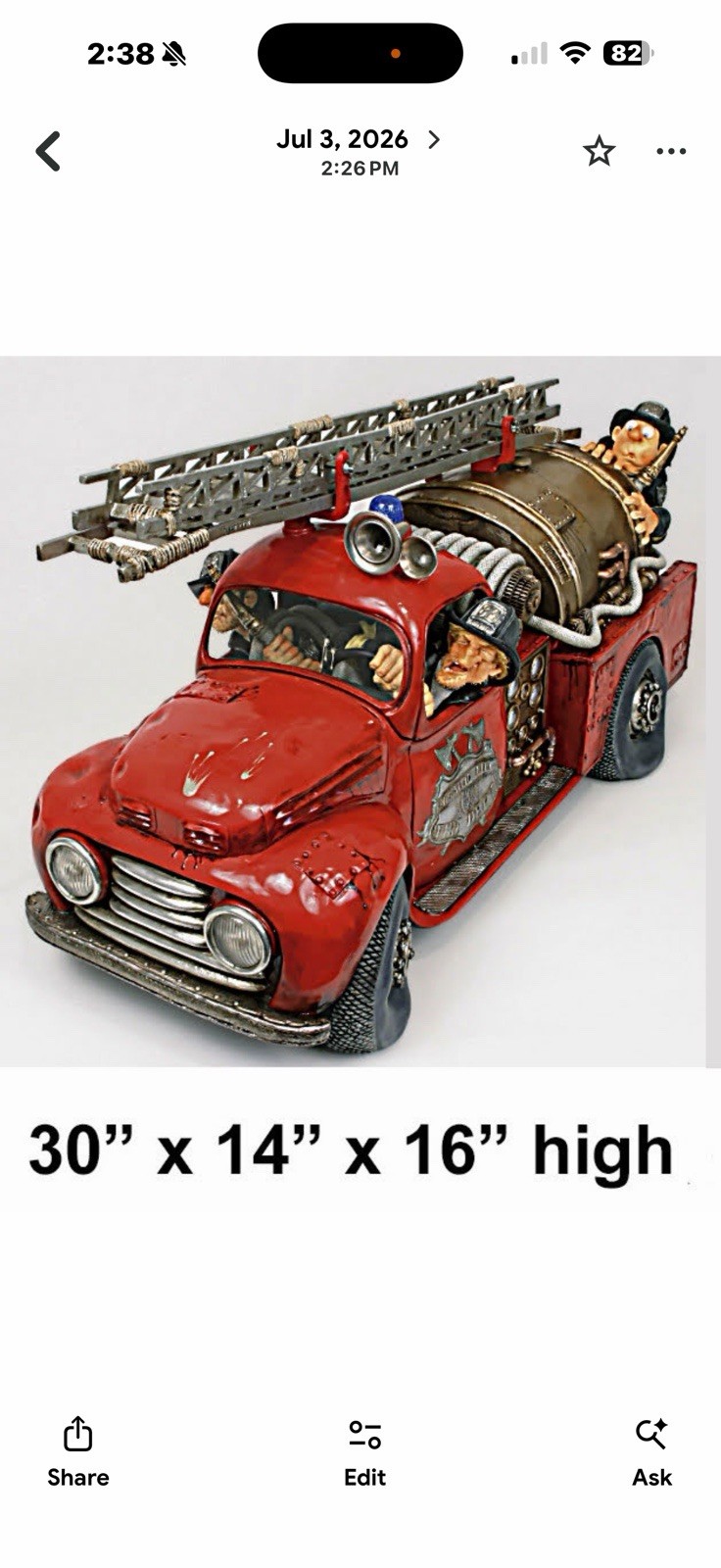 Painted Resin Firefighter on Red Fire Truck Figurine 3D Effect 30x14x16″