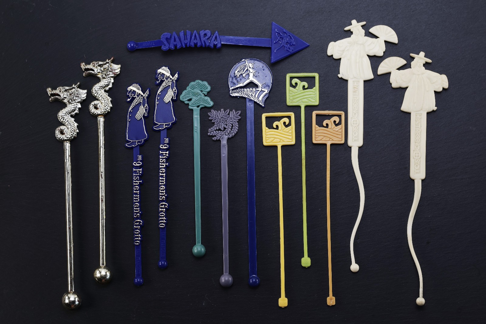 13 Vintage Swizzle Bar Ware Stir Stick Lot Hotel Restaurants, Travel Advertising
