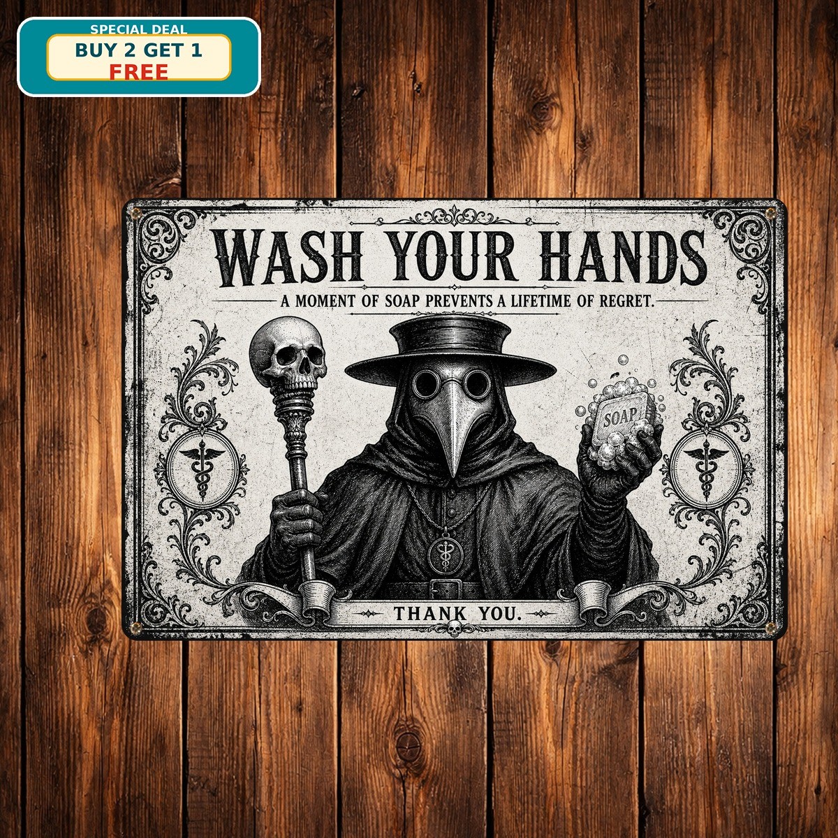 Gothic Bathroom Wash Your Hands Plague Doctor Metal Sign