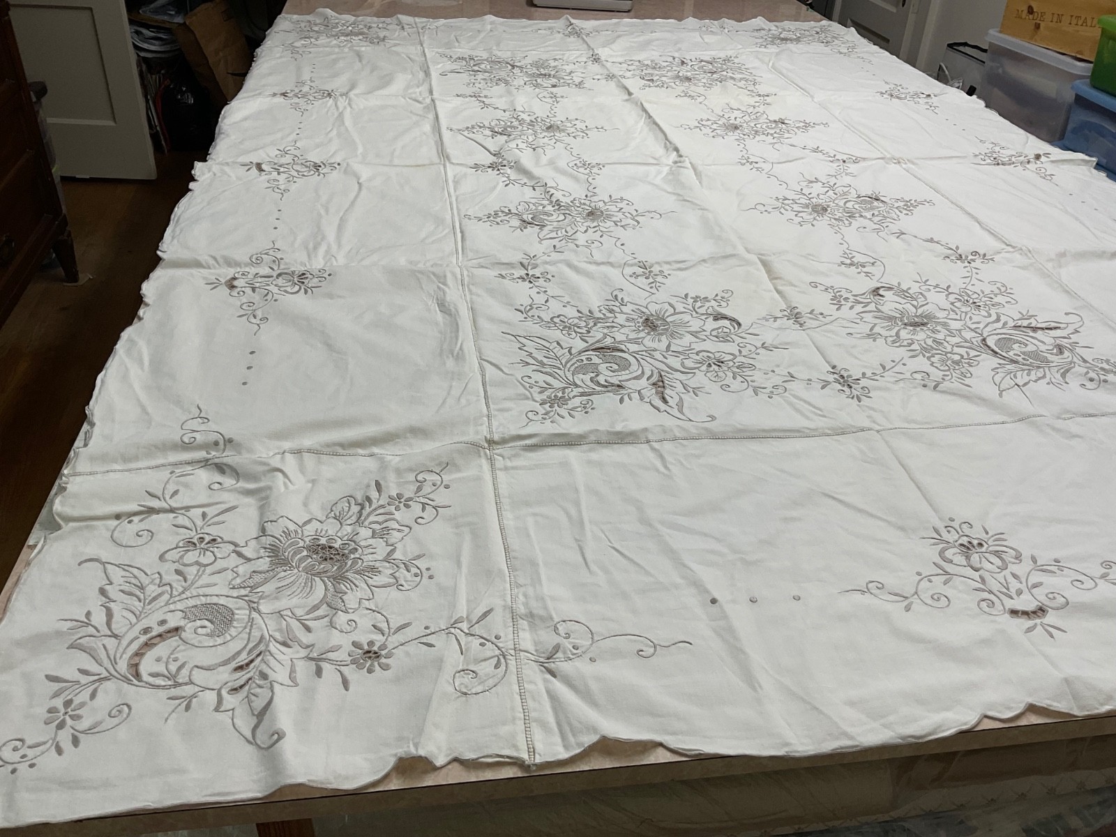 Vintage European Tablecloth Embroidered White 62 x 92 inches