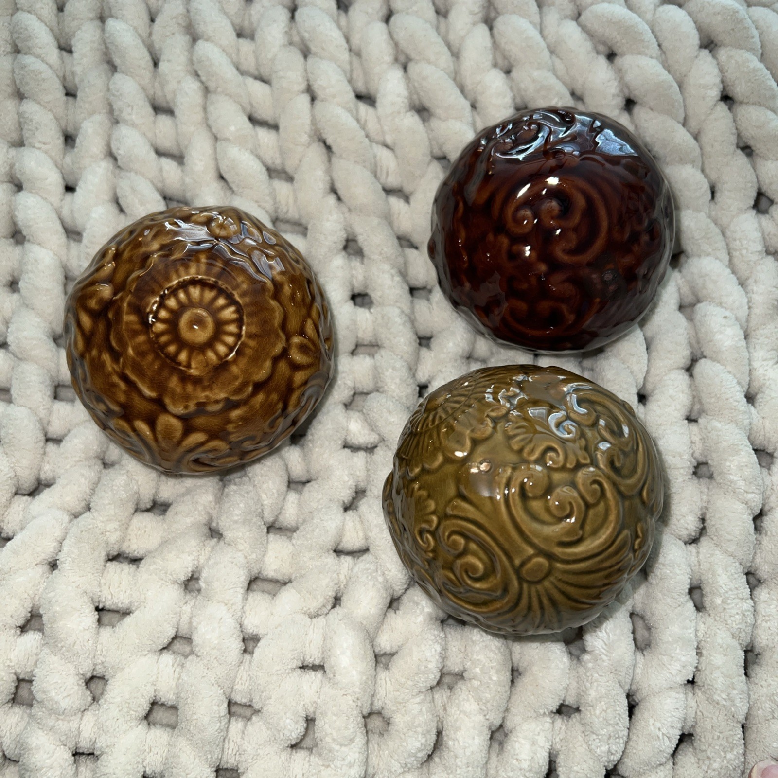 Three Multicolored Stamp-Embossed Glazed Porcelain Decorative Orbs / Balls 3.5”