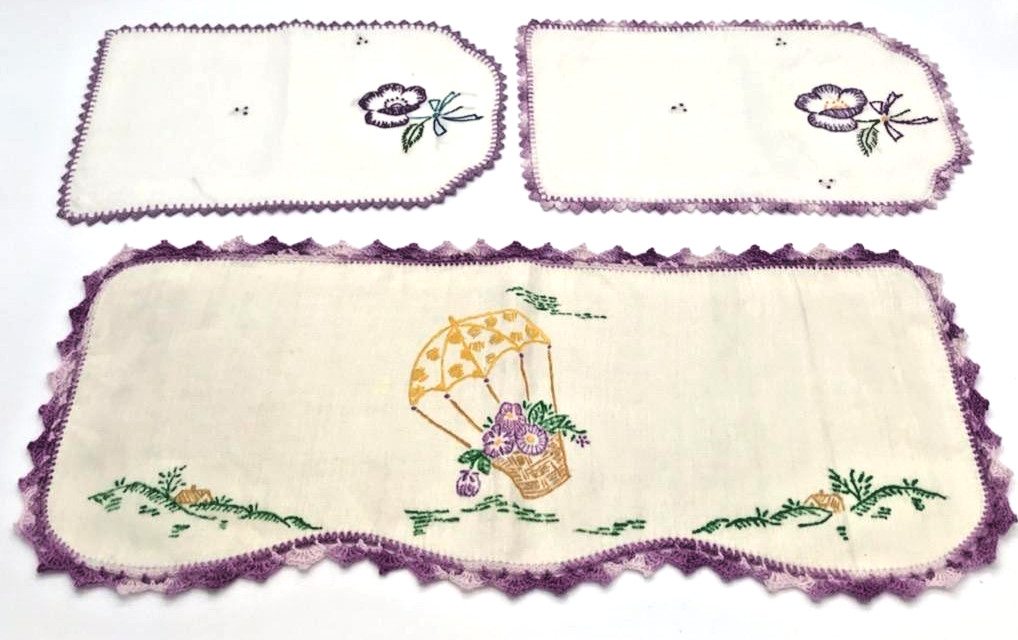 Vintage Hand Embroidered Linen Textile Dresser/Table Mats Purple Floral-Balloon
