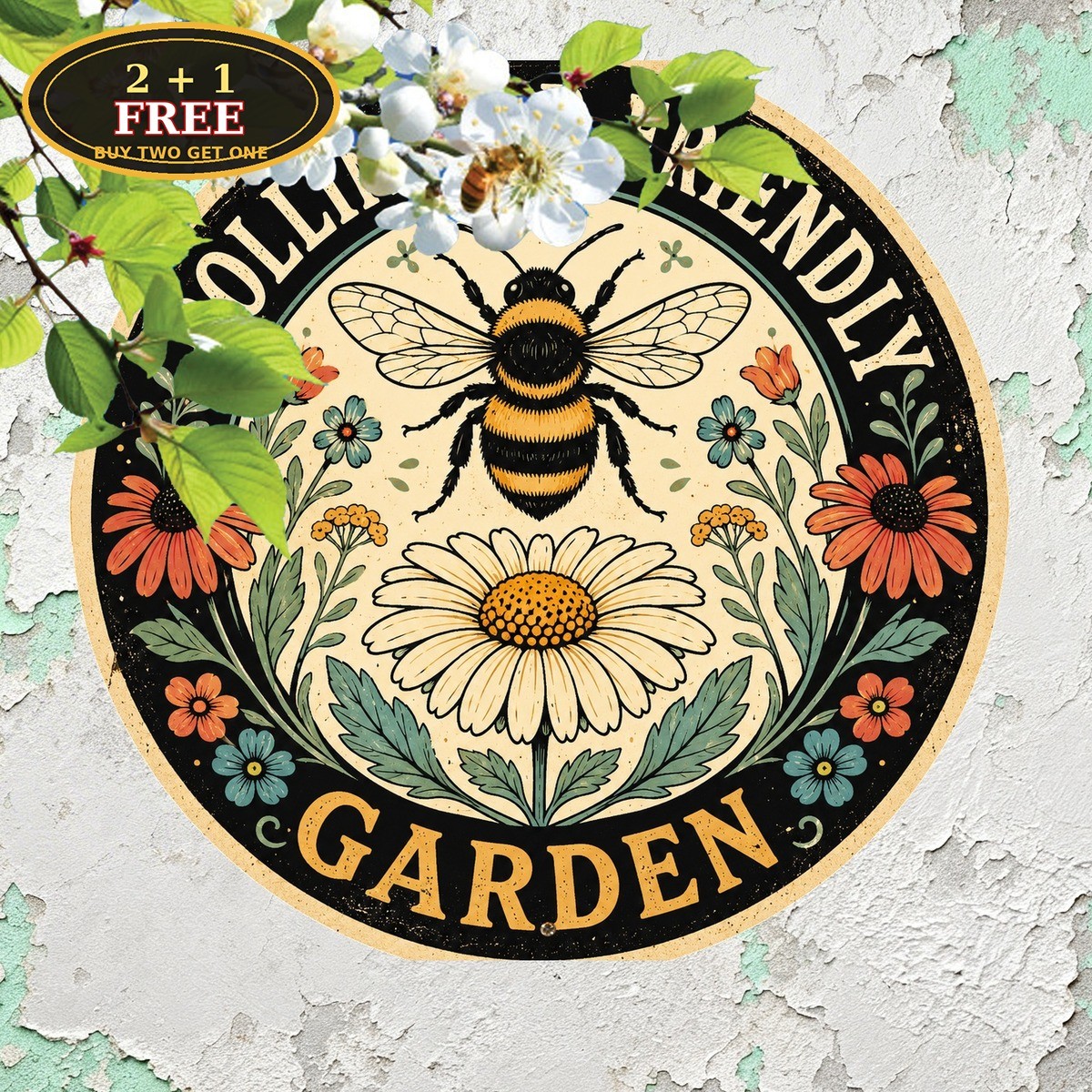 Pollinator Friendly Garden Sign Wildlife Gate Fence Round Metal Plaque 8×8
