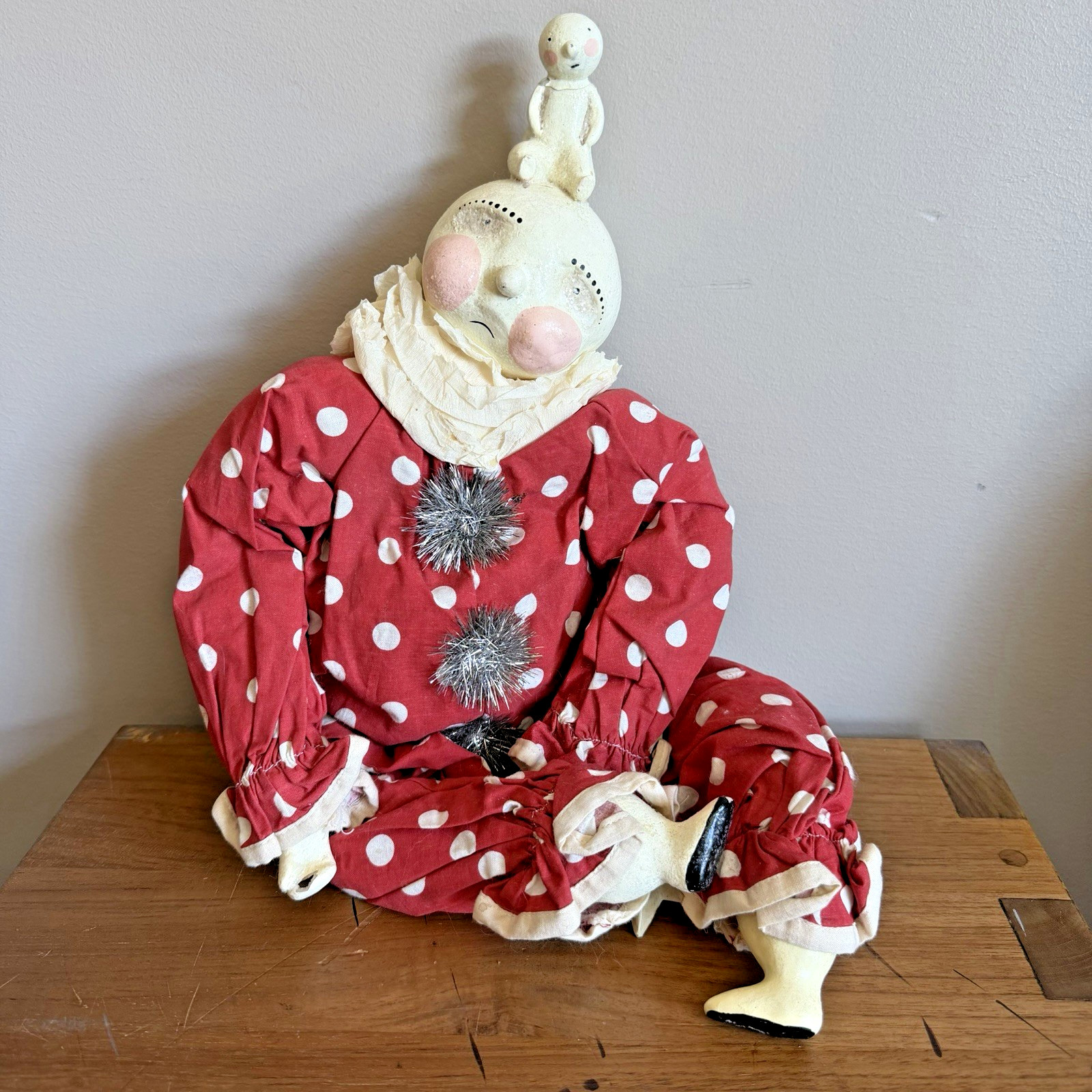 RARE Bethany Lowe Dee Foust Moon Face Clown Red Polka Dot ~20.5″ TLC Repaired