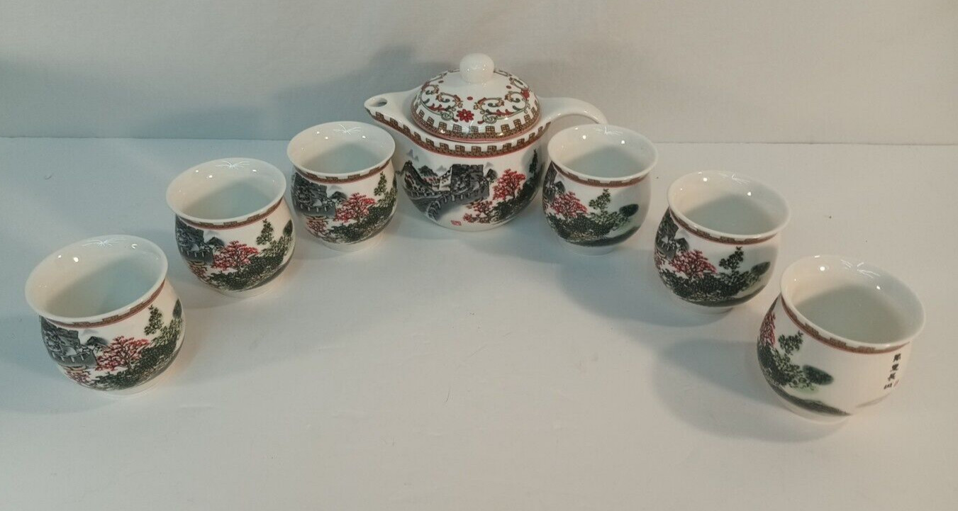 Porcelain Chinese Tea Set Teapot with Screen And 6 Cups- Jin Hong Tai -NIB