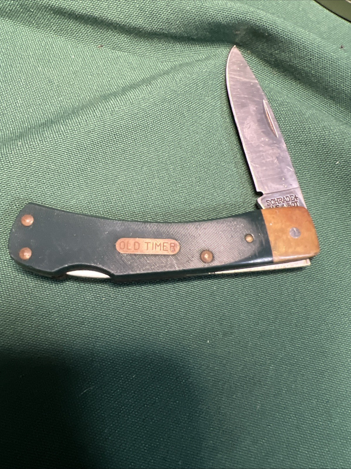 Old Timer Schrade Made in the USA 50T Green Single Blade Lock Back Pocket Knife