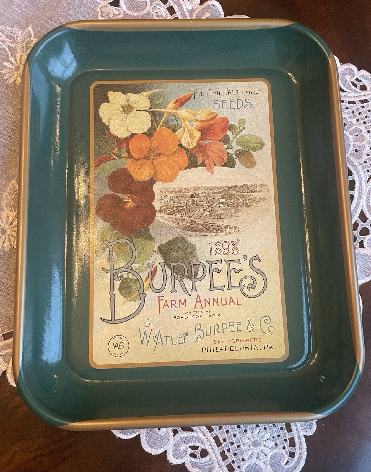1996 Tin Tray 120th Anniversary of Burpee’s 1898 “Farm Annual” Seed Cover