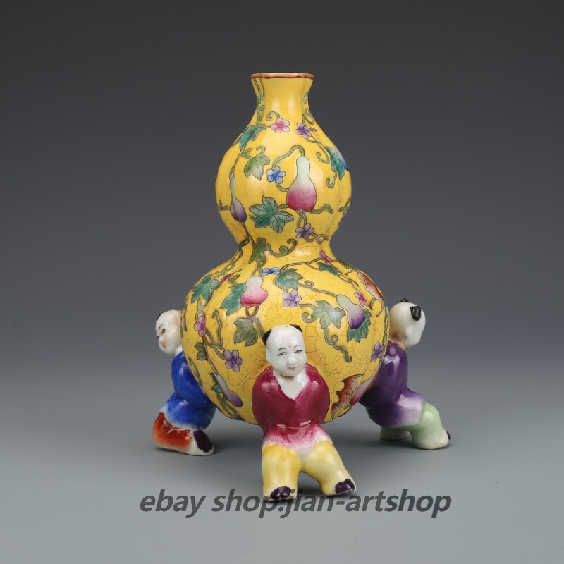 6.1″ China Colour Enamels Porcelain Yellow Ground Gourd Vine Three Child Vase