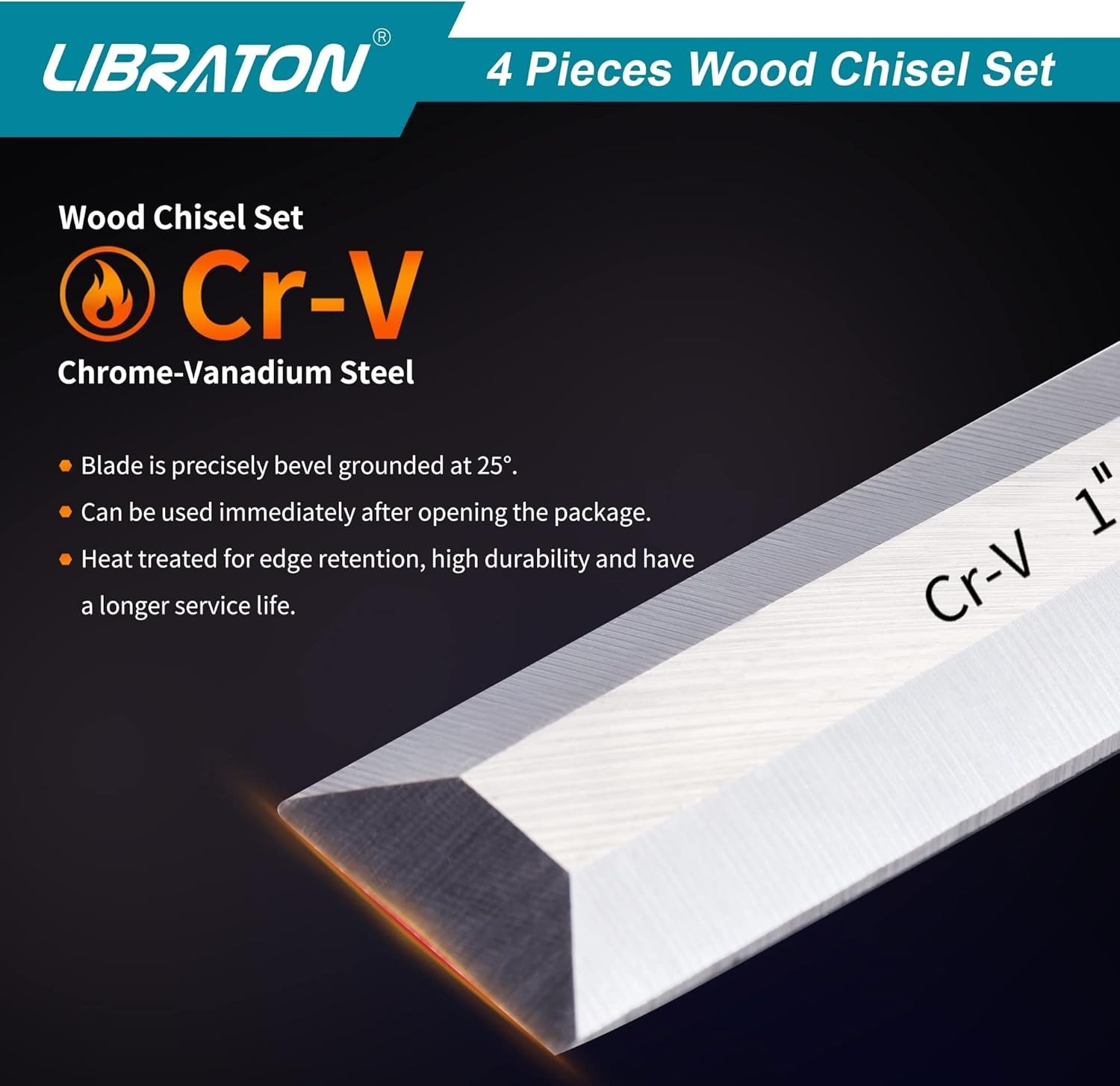 4-Piece Wood Chisel Set: Chrome Vanadium Steel for Precision Woodworking